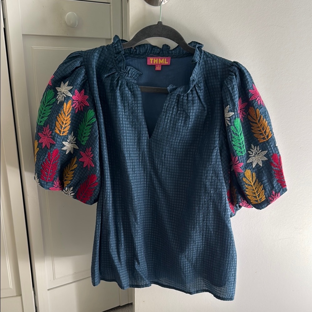 THML Women's Blue Top with Colorful Embroidered Sleeves